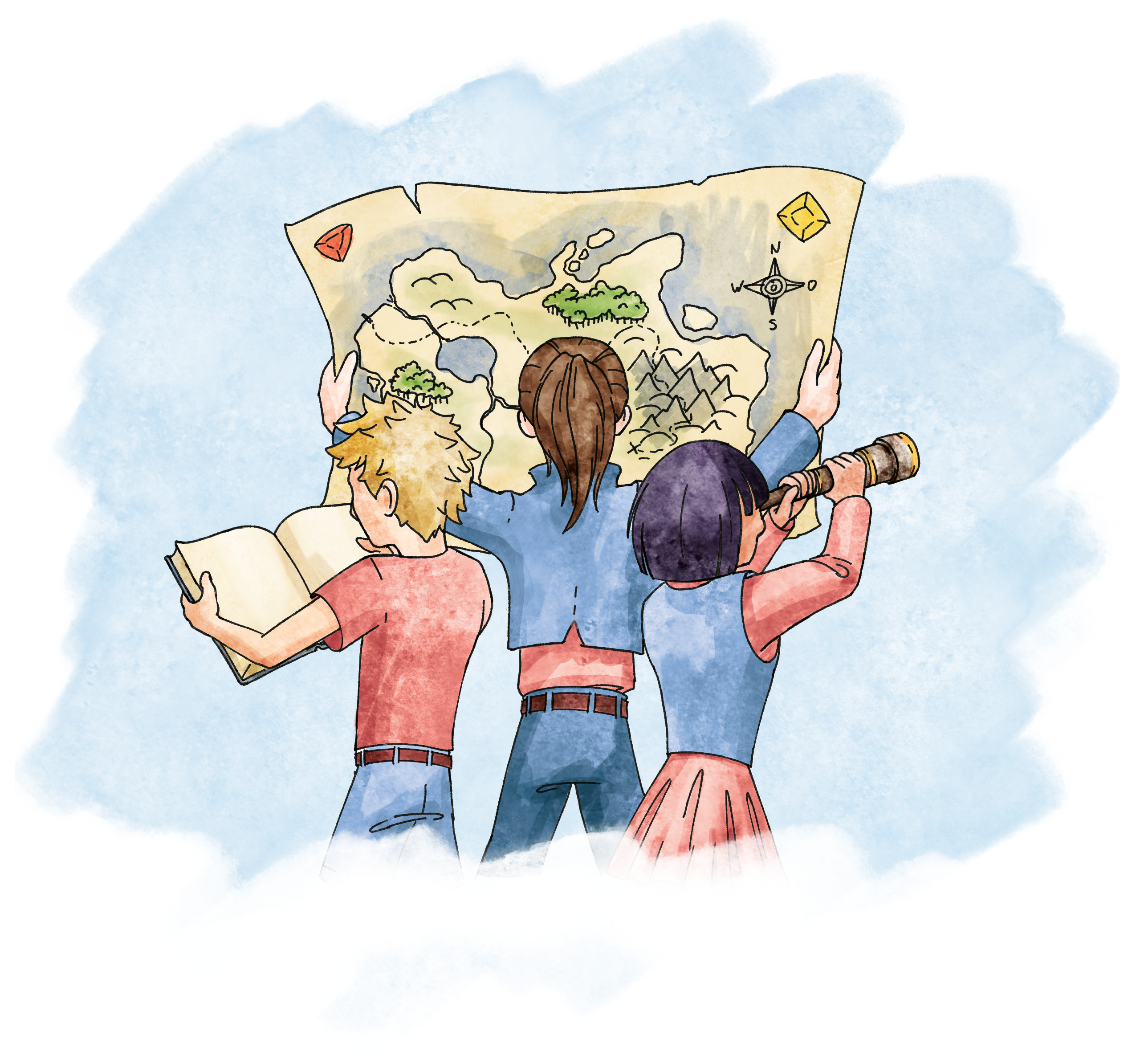 Zwei Lernende halten eine Fantasy-Lernlandkarte hoch