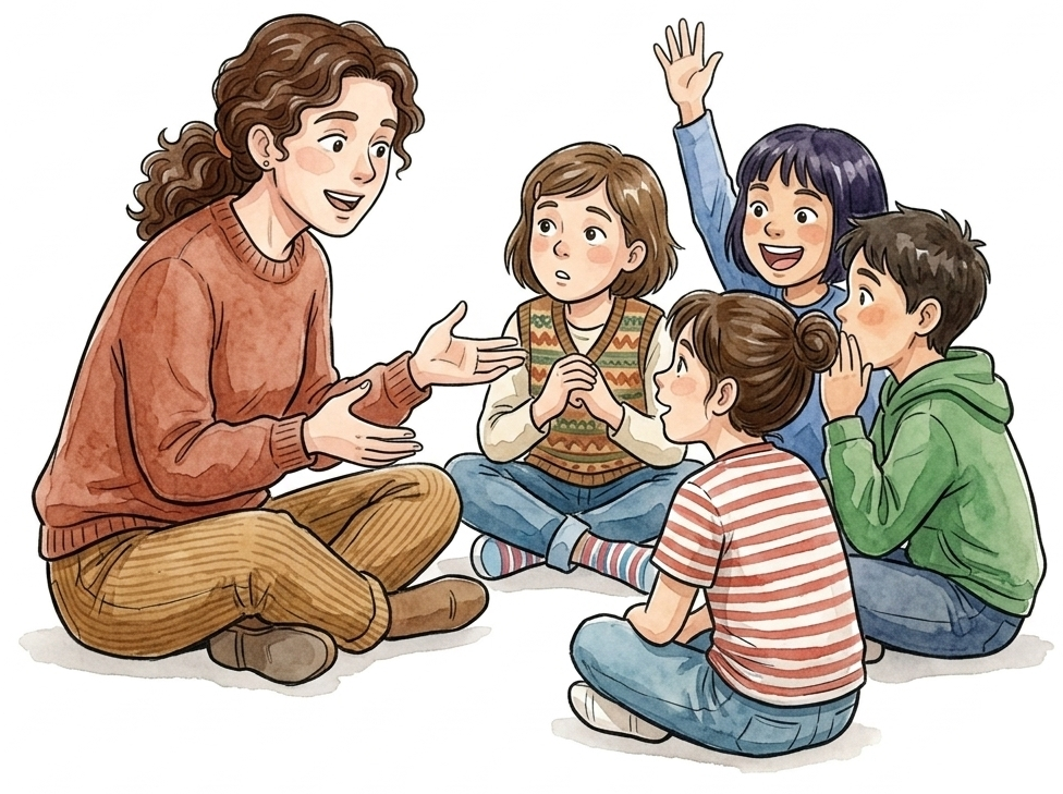 Lehrperson im Kreis mit Lernenden, auf Augenhöhe