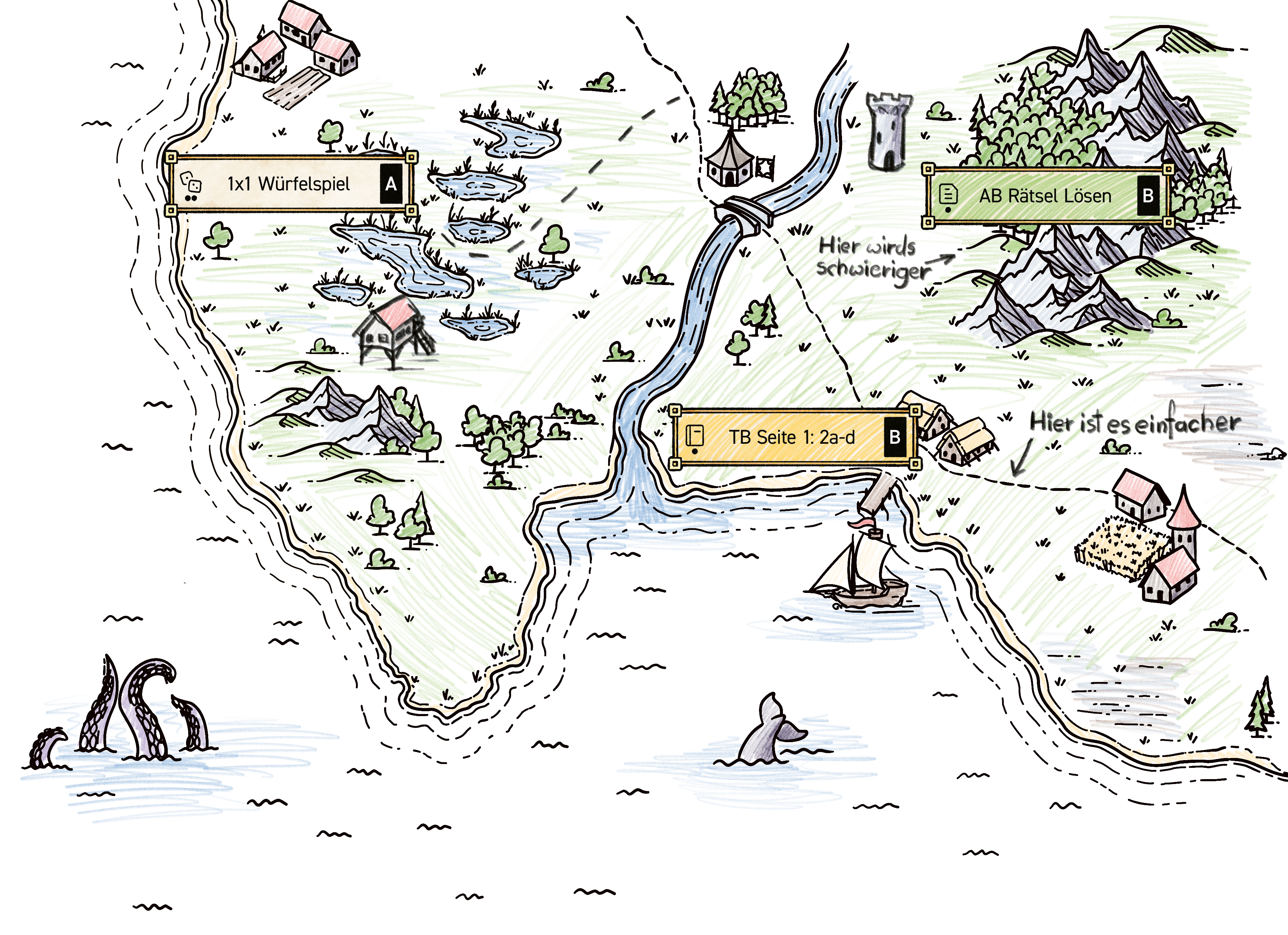 Fantasy-Lernlandkarte mit Aufgaben